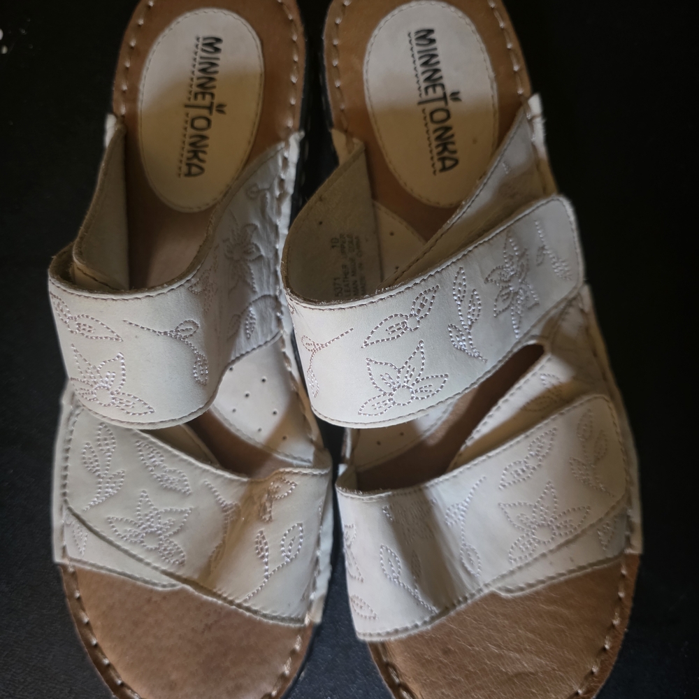 Minnetonka Cream Comfort Sandals with Two-Strap Design